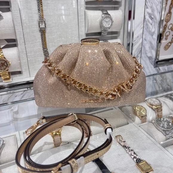 NWT MICHAEL MICHAEL KORS Nola Small Crystal Clutch Chain Crossbody pale gold - Picture 2 of 10